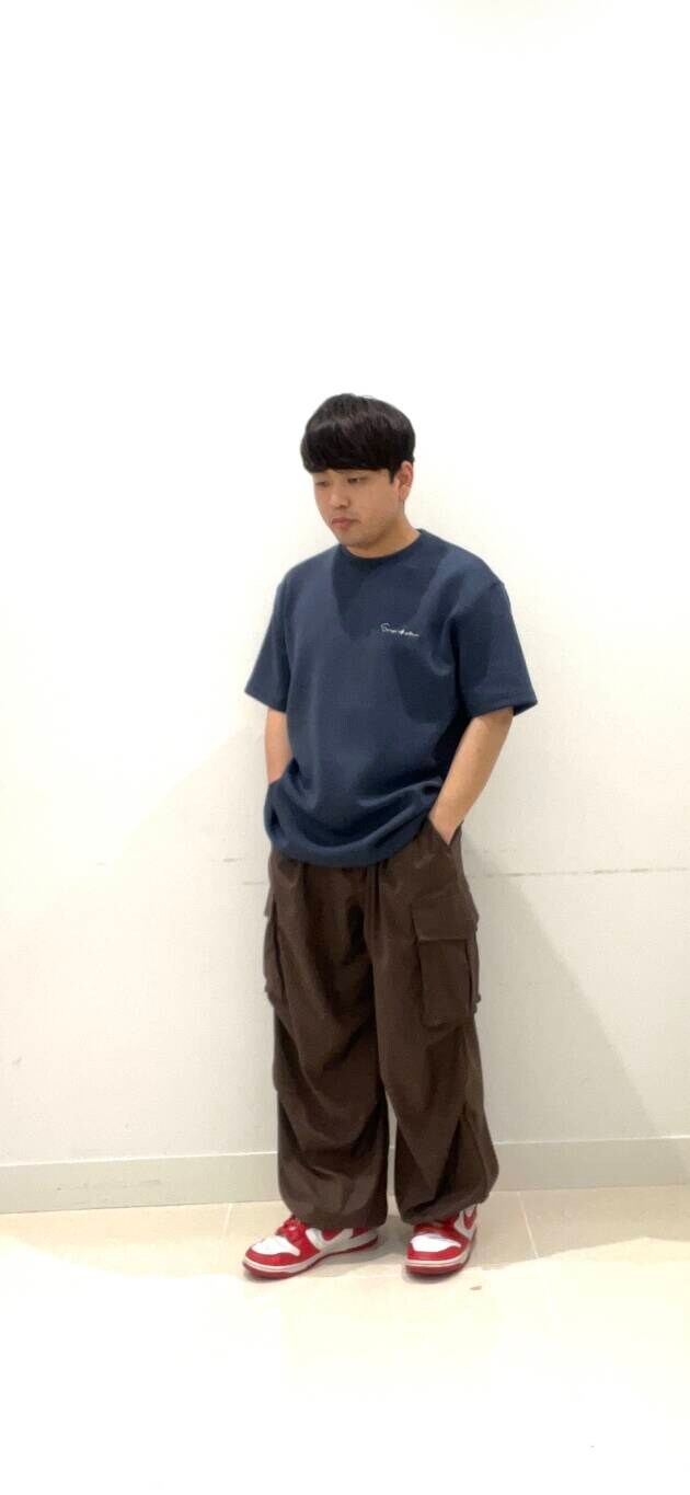 ブルー系のTシャツ/カットソー、ブラウン系のその他パンツを着用したメンズの夏コーディネートの2枚目の写真