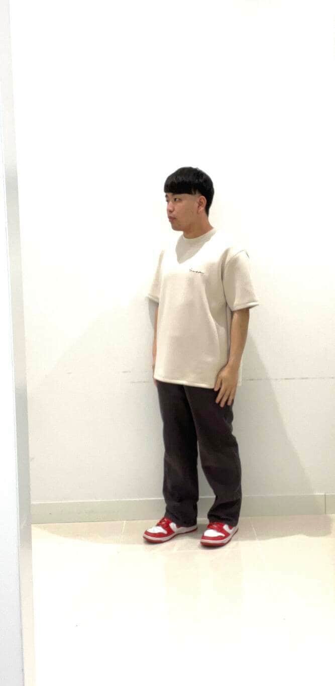 ベージュ系のTシャツ/カットソー、グレー系のその他パンツを着用したメンズの夏コーディネートの2枚目の写真