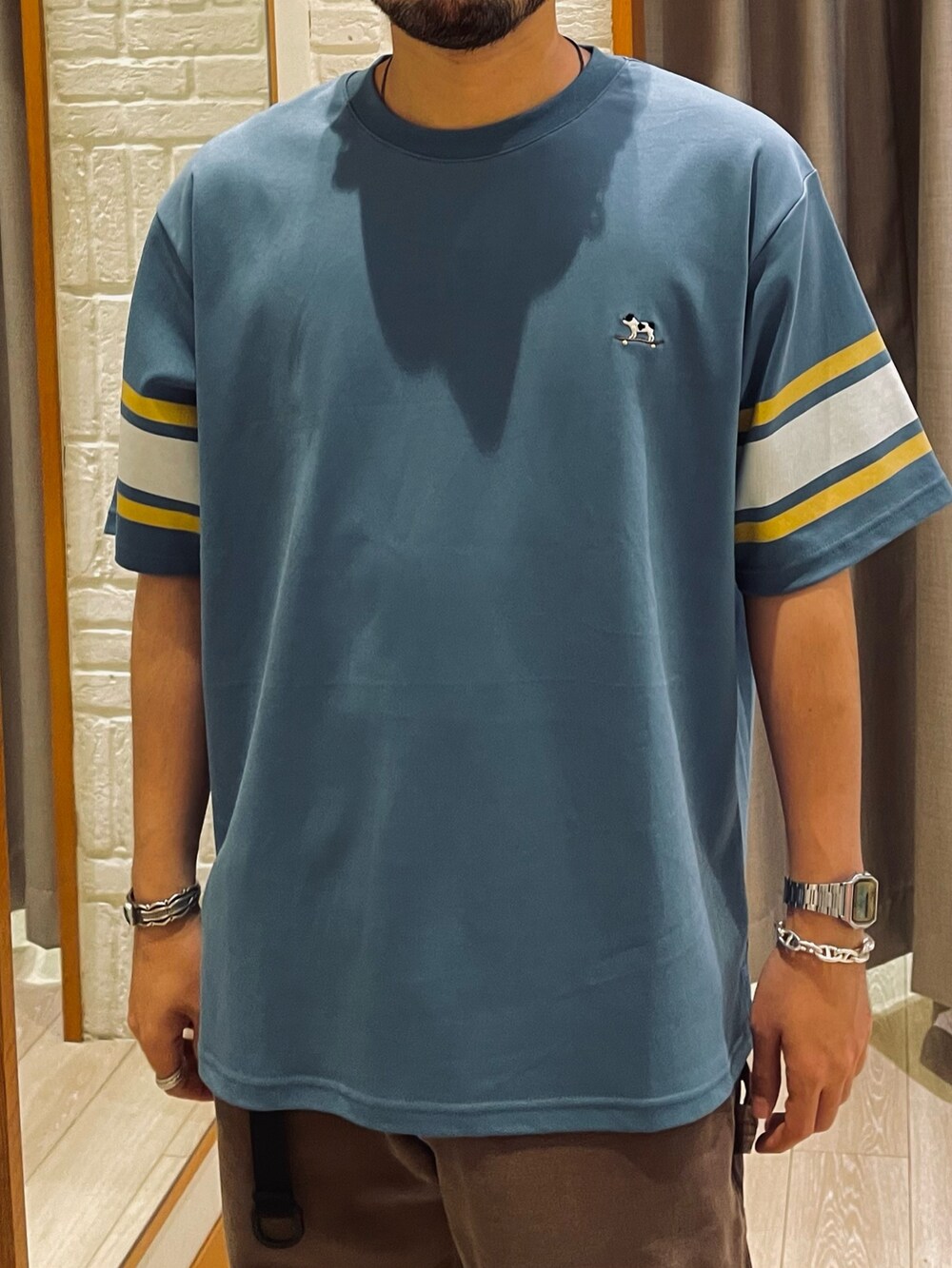 「ブラウン、カジュアルコーデ、夏コーデ、オトナカジュアル、ストリート、カラー×コーデ、低身長、Ｔシャツ、アメカジコーデ、スポーツミックス」｜「GLOSTERの【GLOSTER/グロスター】フレンチブルドッグ刺繍  フットボールTシャツ 接触冷感（Tシャツ/カットソー、ブルー系）」を使った、shouen392さん（メンズ・166cm）の夏コーディネートの3枚目の写真