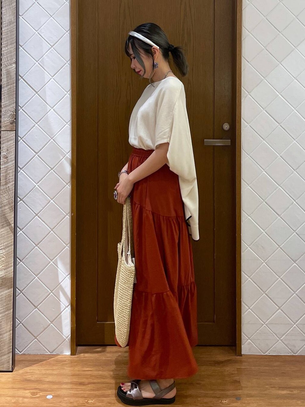 ベージュ系のショルダーバッグ、ホワイト系のニット/セーター、ブラウン系のサンダルを着用したレディースの夏コーディネートの3枚目の写真
