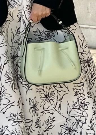 グリーン系のハンドバッグ、ホワイト系のスカート、ゴールド系のTシャツ/カットソーを着用したレディースの冬コーディネートの6枚目の写真