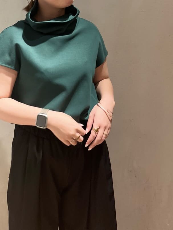 ブラック系のその他パンツ、グリーン系のTシャツ/カットソーを着用したレディースの夏コーディネートの3枚目の写真