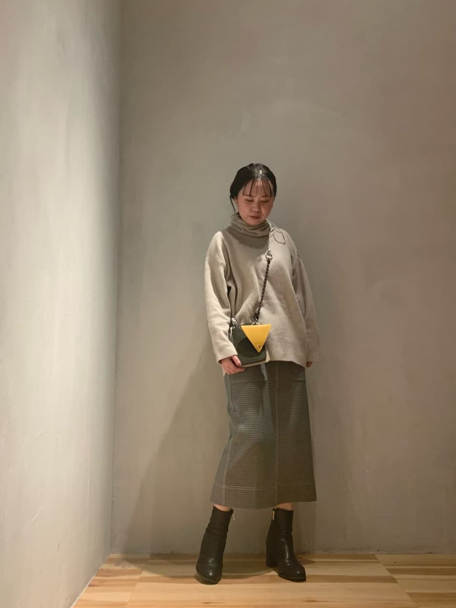 ブラウン系のショルダーバッグ、その他のスカート、ベージュ系のニット/セーターを着用したレディースの秋コーディネートの2枚目の写真