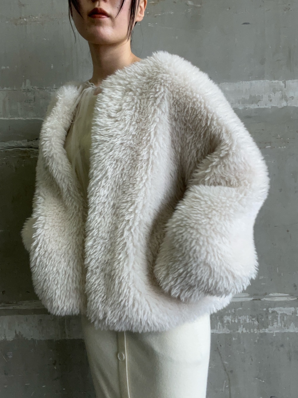 ホワイト系のブルゾン、ホワイト系のワンピース、ブラック系のブーツを着用したレディースの冬コーディネートの2枚目の写真