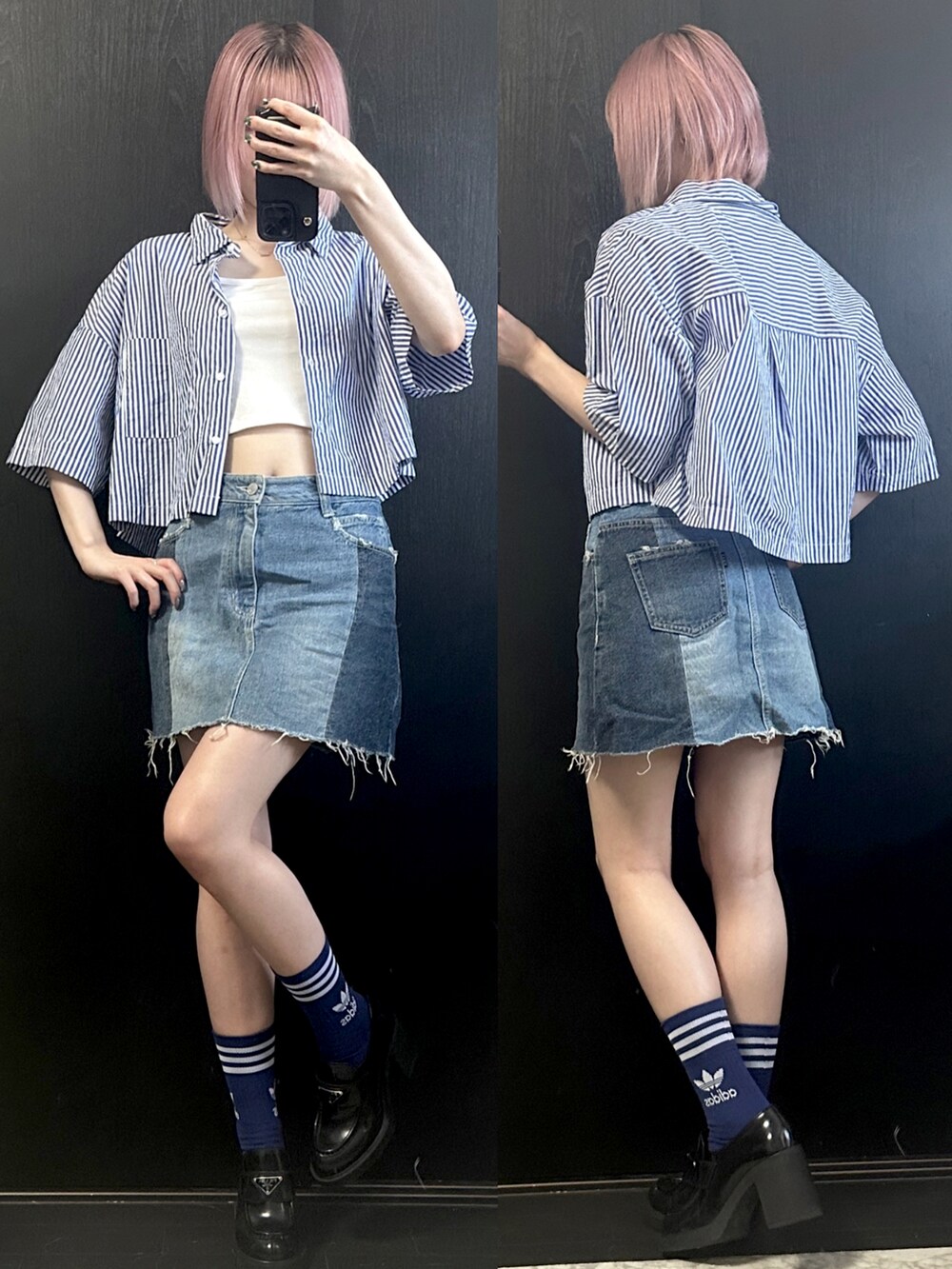 ブルー系のシャツ/ブラウス、ブラック系のデニムパンツ、ブラック系のローファーを着用したレディースの夏コーディネートの2枚目の写真