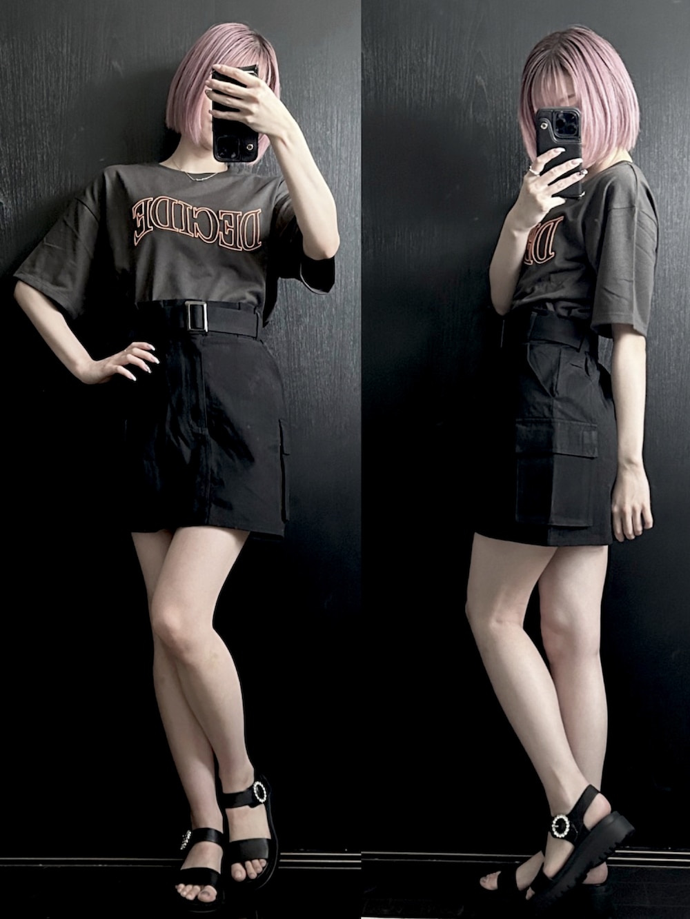 「大人コーデ、おでかけコーデ、スカートスタイル、ラフコーデ、韓国ファッション、クロップドトップス、Tシャツスタイル、チャコールグレー、カーゴスカート、ミニスカート、ブラック×グレー、ストリートカジュアル、ストリート服が好き、韓国ストリート、グレイル」｜「ZARAのアイテム（サンダル、ブラック系）」を使った、niru♥さん（レディース・156cm）の夏コーディネートの2枚目の写真