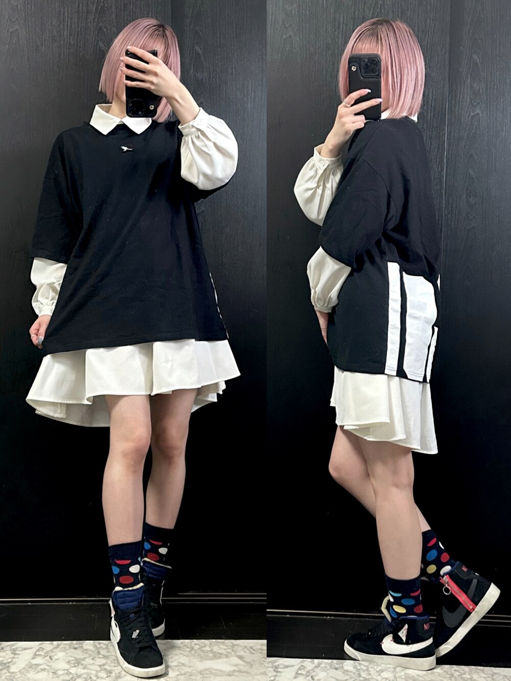 ブラック系のTシャツ/カットソー、ホワイト系のシャツワンピース、ブラック系のスニーカーを着用したレディースの夏コーディネートの2枚目の写真