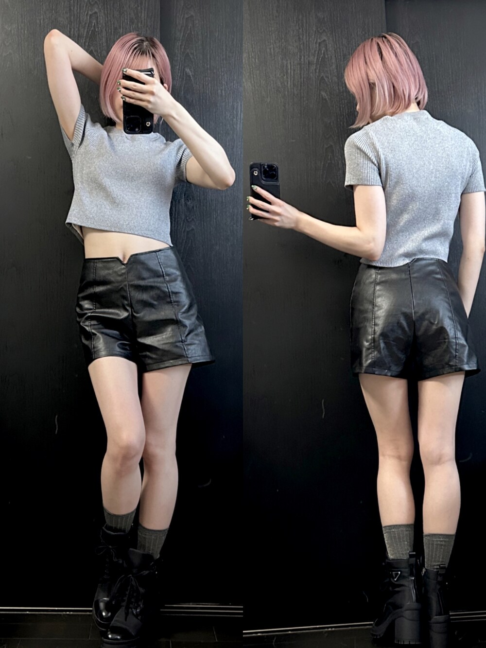 グレー系のトップス、ブラック系のパンツを着用したレディースの夏コーディネートの2枚目の写真