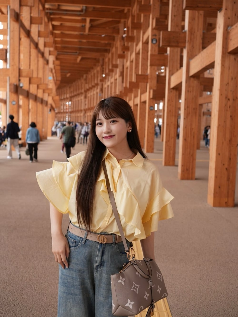 「デニム、デニムパンツ、パンツスタイル、ハンドバッグ、シャツスタイル、お出かけコーデ、休日スタイル、韓国ファッション、きれいめカジュアル、カジュアル、カジュアルコーデ、ショルダーバッグ、ワイドパンツ、大人カジュアル、サンダル」｜「LOUIS VUITTONのアイテム（バッグ、ベージュ系）」を使った、きらりさん（骨格ストレート・レディース・164cm）の春コーディネートの2枚目の写真