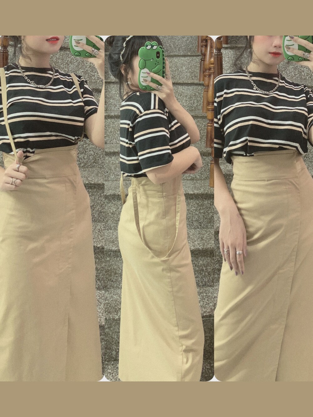 ホワイト系のシャツ/ブラウス、ベージュ系のスカートを着用したレディースの秋コーディネートの2枚目の写真