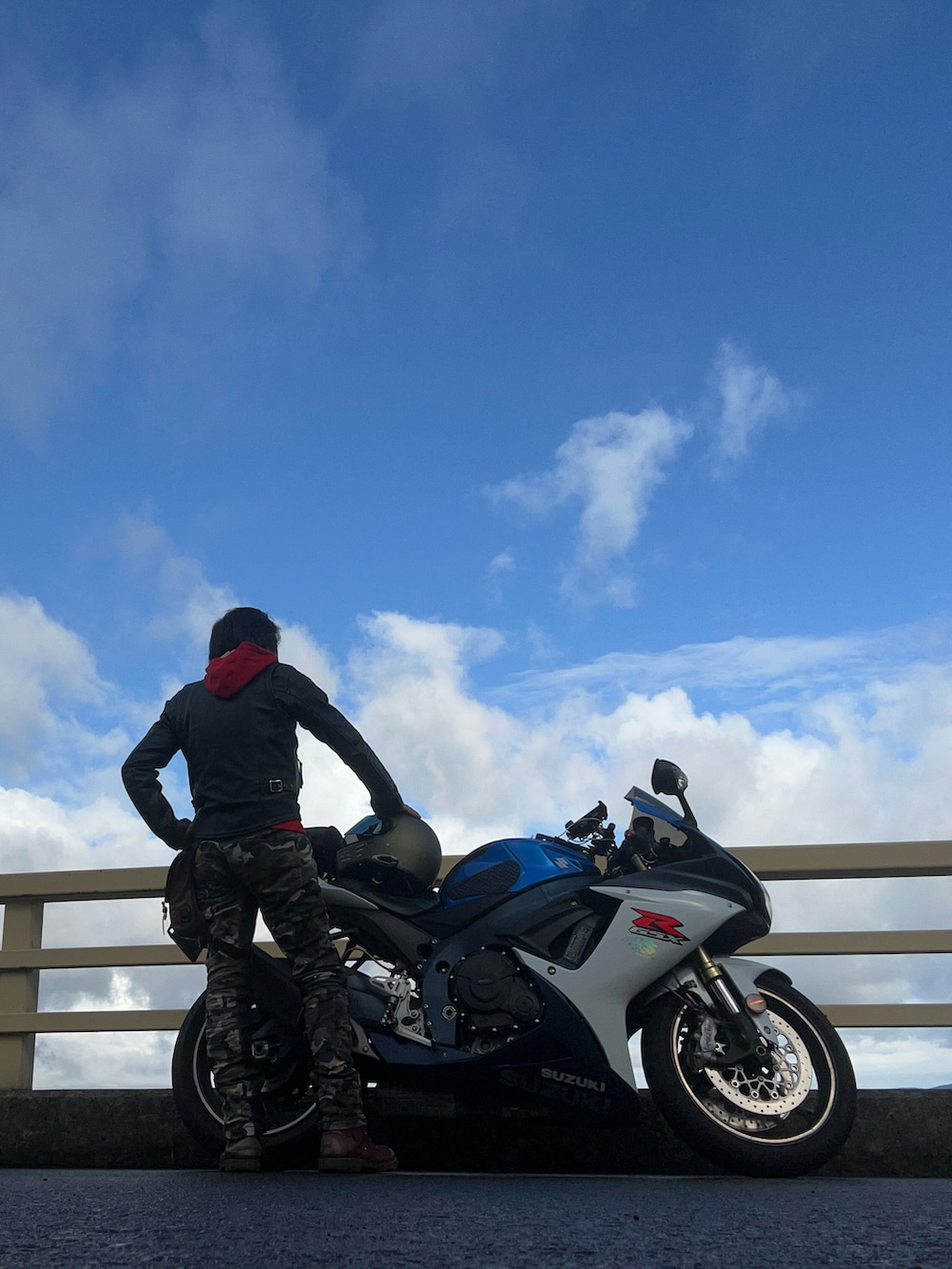 ブラック系のライダースジャケット、レッド系のマウンテンパーカー、その他のカーゴパンツを着用したメンズの秋コーディネートの2枚目の写真