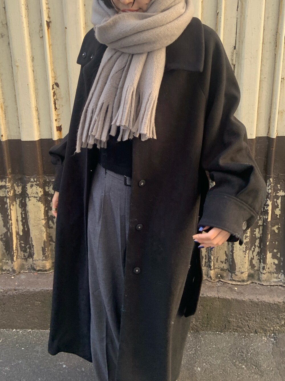 ブラック系のその他アウター、グレー系のその他パンツ、グレー系のマフラーを着用したレディースの冬コーディネートの6枚目の写真