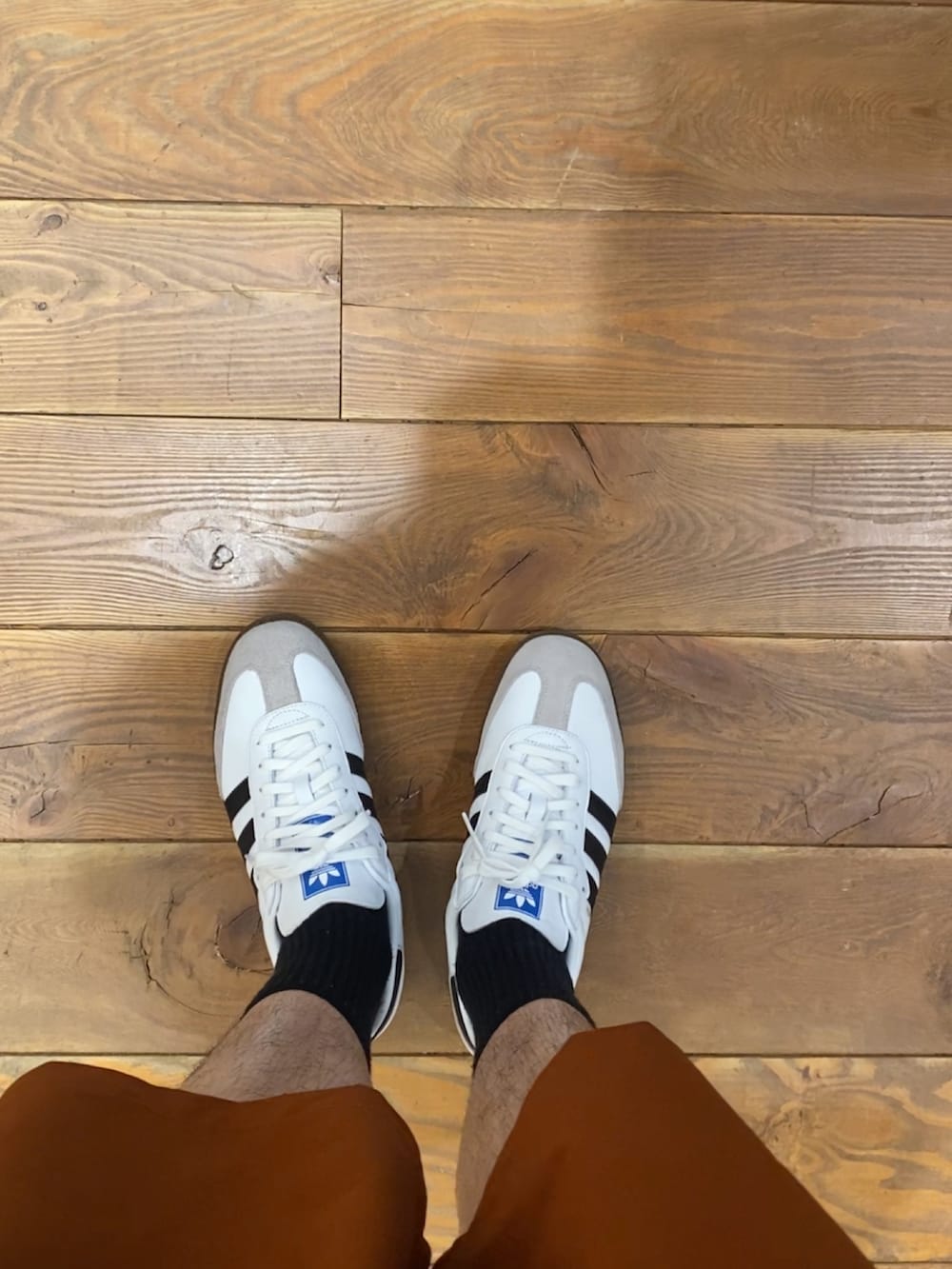 ブラック系のその他アウター、ブラウン系のTシャツ/カットソー、オレンジ系のその他パンツを着用したメンズの春コーディネートの6枚目の写真