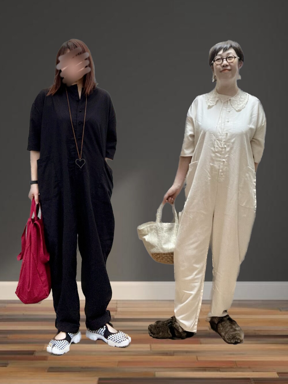 ブラック系のサロペット/オーバーオール、その他のエコバッグ/サブバッグ、ブラック系のスニーカーを着用したレディースの秋コーディネートの3枚目の写真