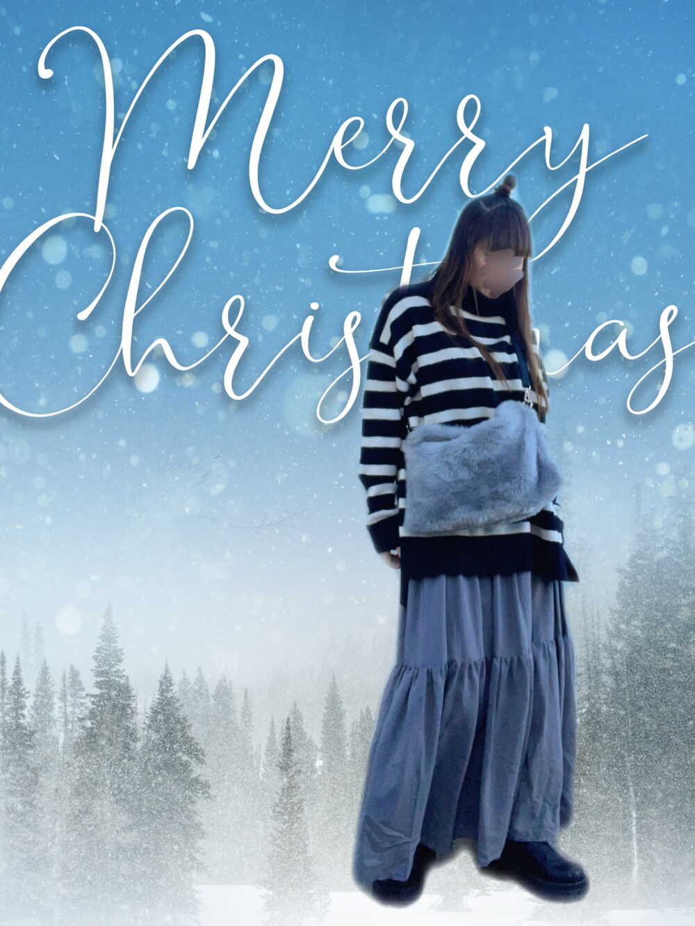 ブラック系のニット/セーター、グレー系のショルダーバッグ、グレー系のスカートを着用したレディースの冬コーディネートの3枚目の写真