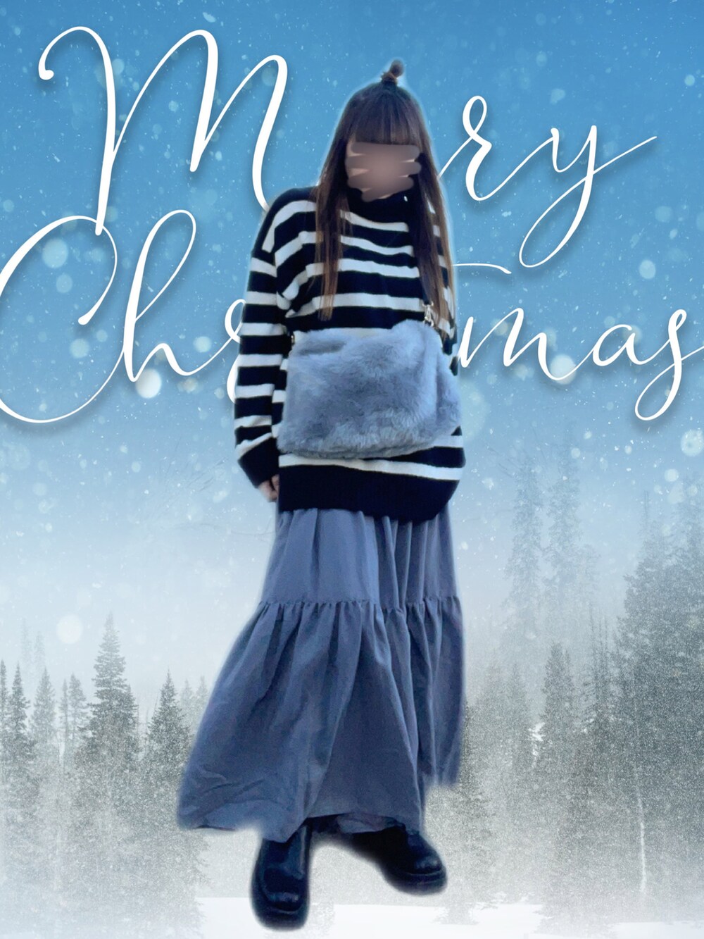 ブラック系のニット/セーター、グレー系のショルダーバッグ、グレー系のスカートを着用したレディースの冬コーディネートの2枚目の写真