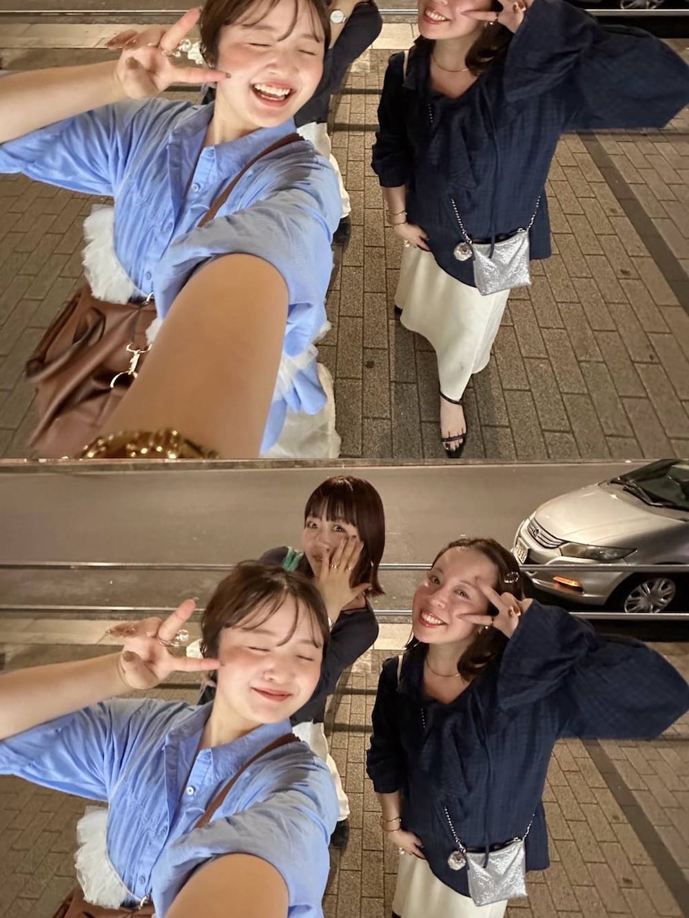 ブラウン系のボストンバッグ、ブルー系のシャツ/ブラウスを着用したレディースの秋コーディネートの5枚目の写真