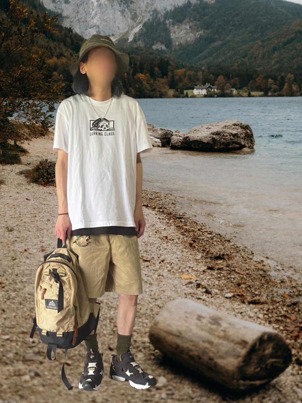 「やっぱり帽子が好き、白Tシャツ、スケータースタイル、短パン、ショートパンツ、ハーフパンツ、チノパン、レイヤードスタイル、アウトドアスタイル、リュック、バケットハット、ベージュ、ストリート、ポンプフューリー、アースカラー」｜「Reebokのインスタポンプ フューリー OG / Instapump Fury OG（スニーカー、ブラック系）」を使った、噂のキーマンさん（メンズ・170cm）の春コーディネートの3枚目の写真