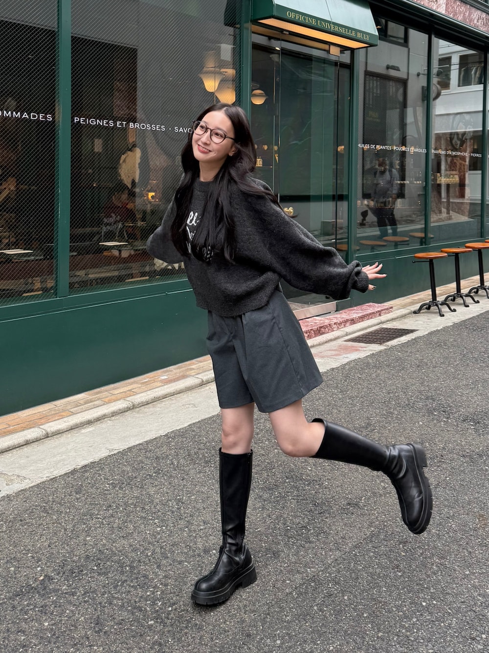 Heather インヒールストレッチロングブーツ 黒（インヒール