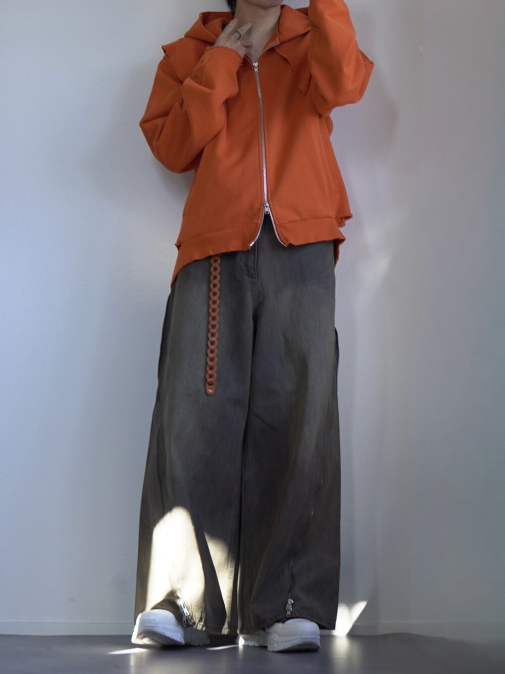 【GRANCY】ジップデザイン バギーデニム パンツ　ブラウン　Lサイズ GRANCY】ジップデザインバギーデニムパンツ ブラウン グランシー