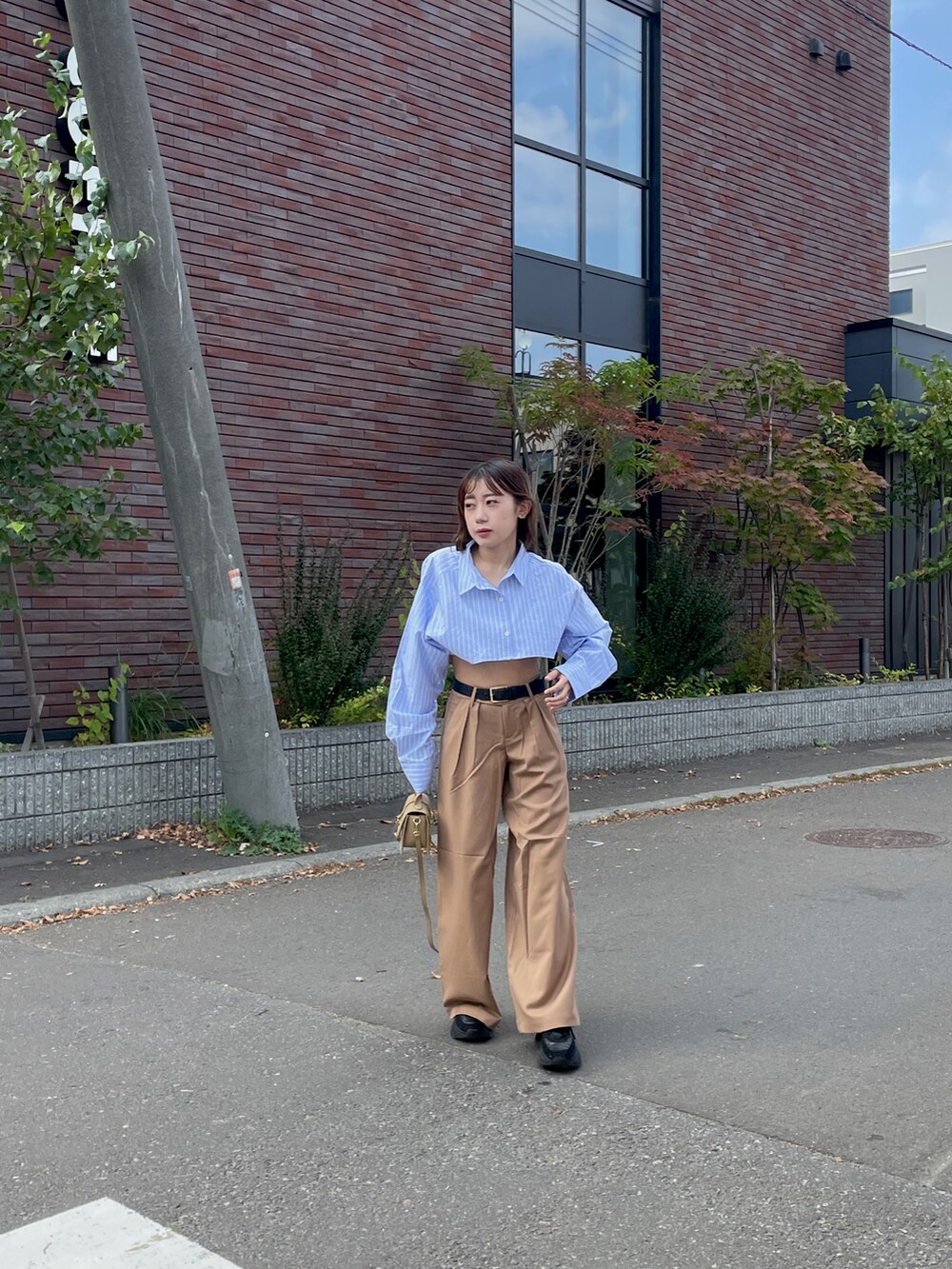 ブルー系のシャツ/ブラウス、ブラック系のボディバッグ/ウエストポーチ、ベージュ系のパンツを着用したレディースの秋コーディネートの2枚目の写真