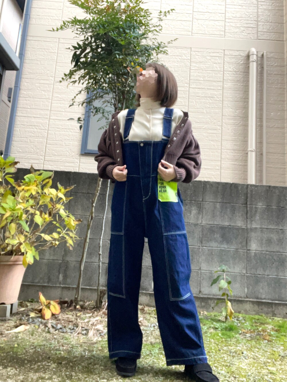 ブルー系のサロペット/オーバーオール、ホワイト系のTシャツ/カットソー、ブラウン系のワンピースを着用したレディースの冬コーディネートの2枚目の写真