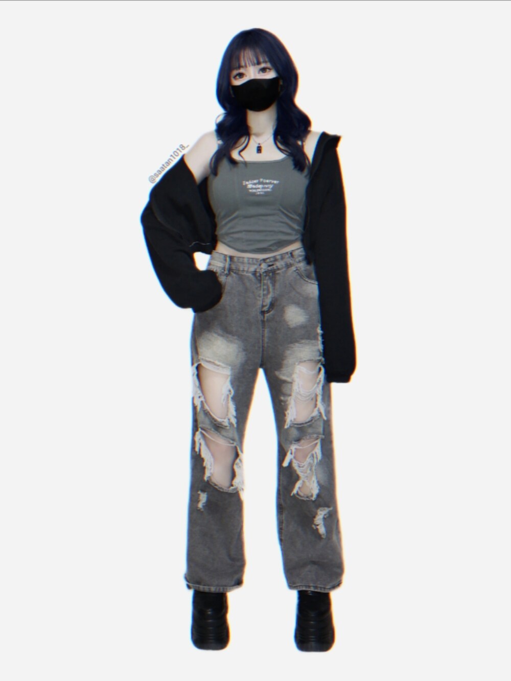 グレー系のデニムパンツ、ブラック系のスニーカー、ブラック系のTシャツ/カットソーを着用したレディースの秋コーディネートの3枚目の写真