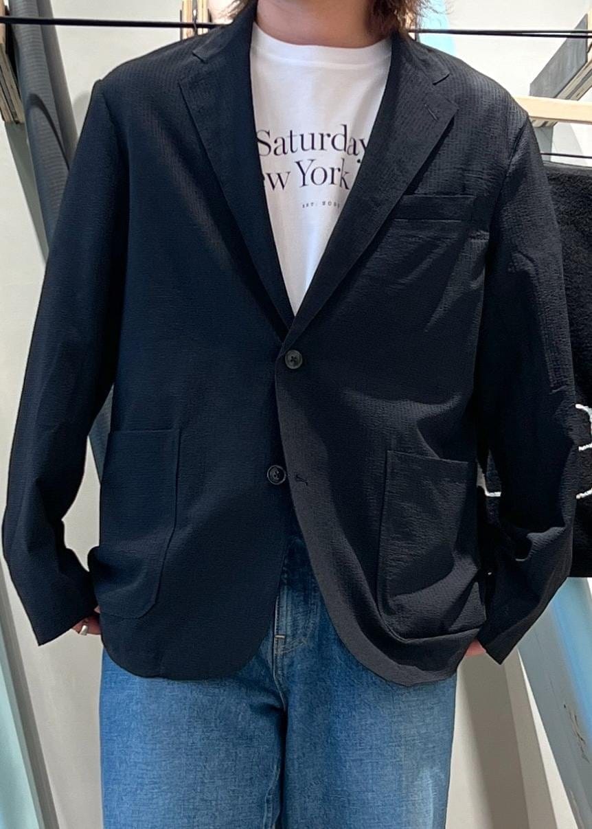 「ジャケット、シアサッカー、シアサッカー素材、シアサッカージャケット、ミラスタ、ミラスタTシャツ、ミラスタT、デニム、京都、Saturdays NYC、初春コーデ、春コーデ、デートコーデ、お出かけコーデ、アウトドアコーデ」｜「Saturdays NYCのMiller Standard SS Tee（Tシャツ/カットソー、ホワイト系）」を使った、kippeiさん（メンズ・170cm）の春コーディネートの7枚目の写真