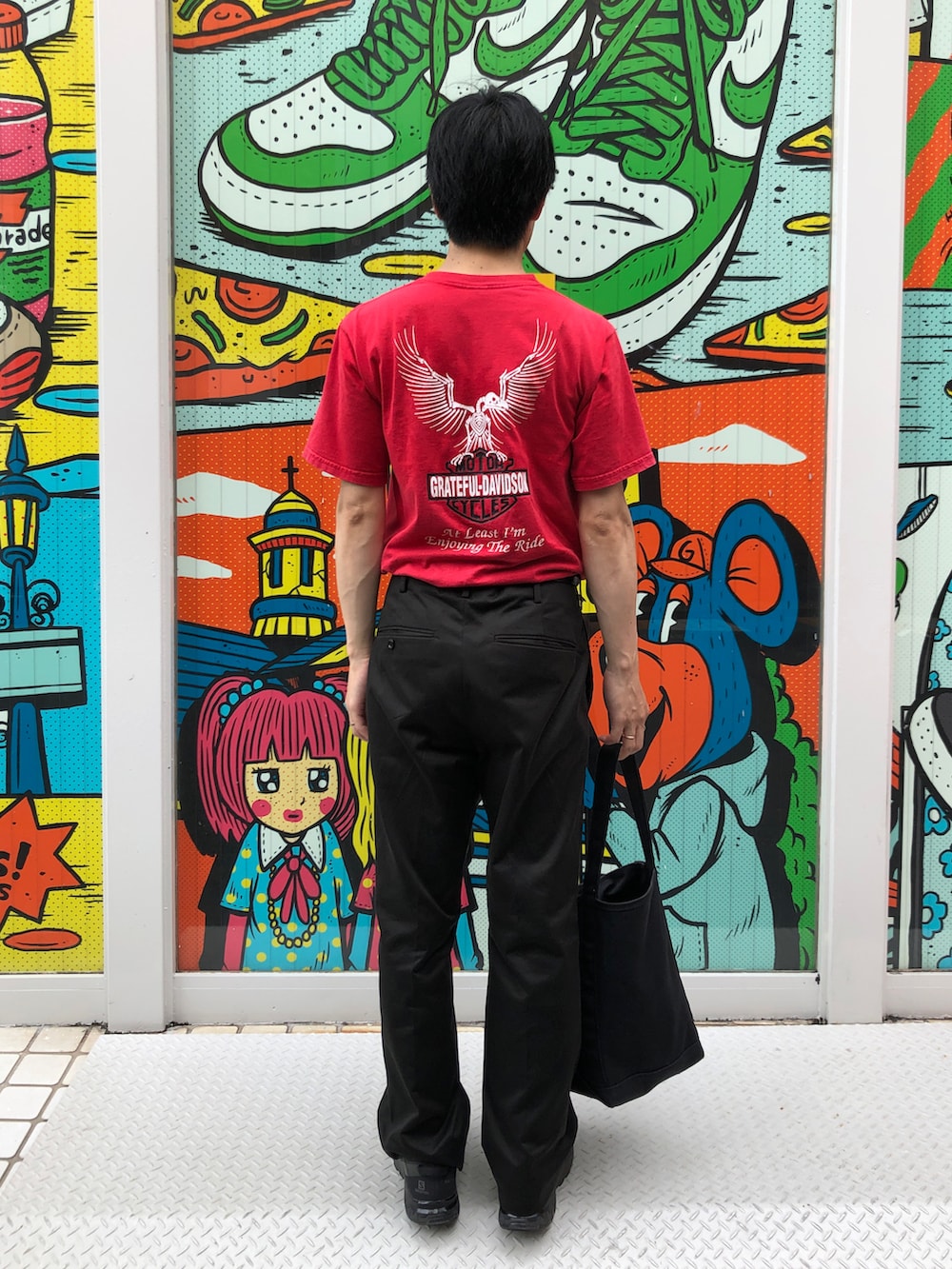「グレイトフルデッド、ハーレーダビッドソン、スポンジボブ」｜「Grateful DeadのGRATEFUL DAVIDSON（Tシャツ/カットソー、レッド系）」を使った、Daisuke Aさん（メンズ・168cm）の夏コーディネートの2枚目の写真
