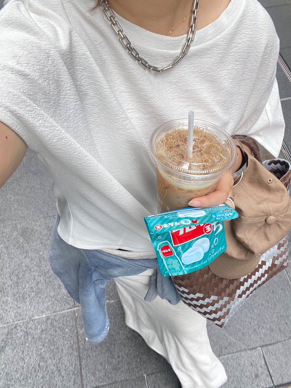 ホワイト系のTシャツ/カットソー、ホワイト系のスカート、ブルー系のシャツ/ブラウスを着用したレディースの夏コーディネートの2枚目の写真