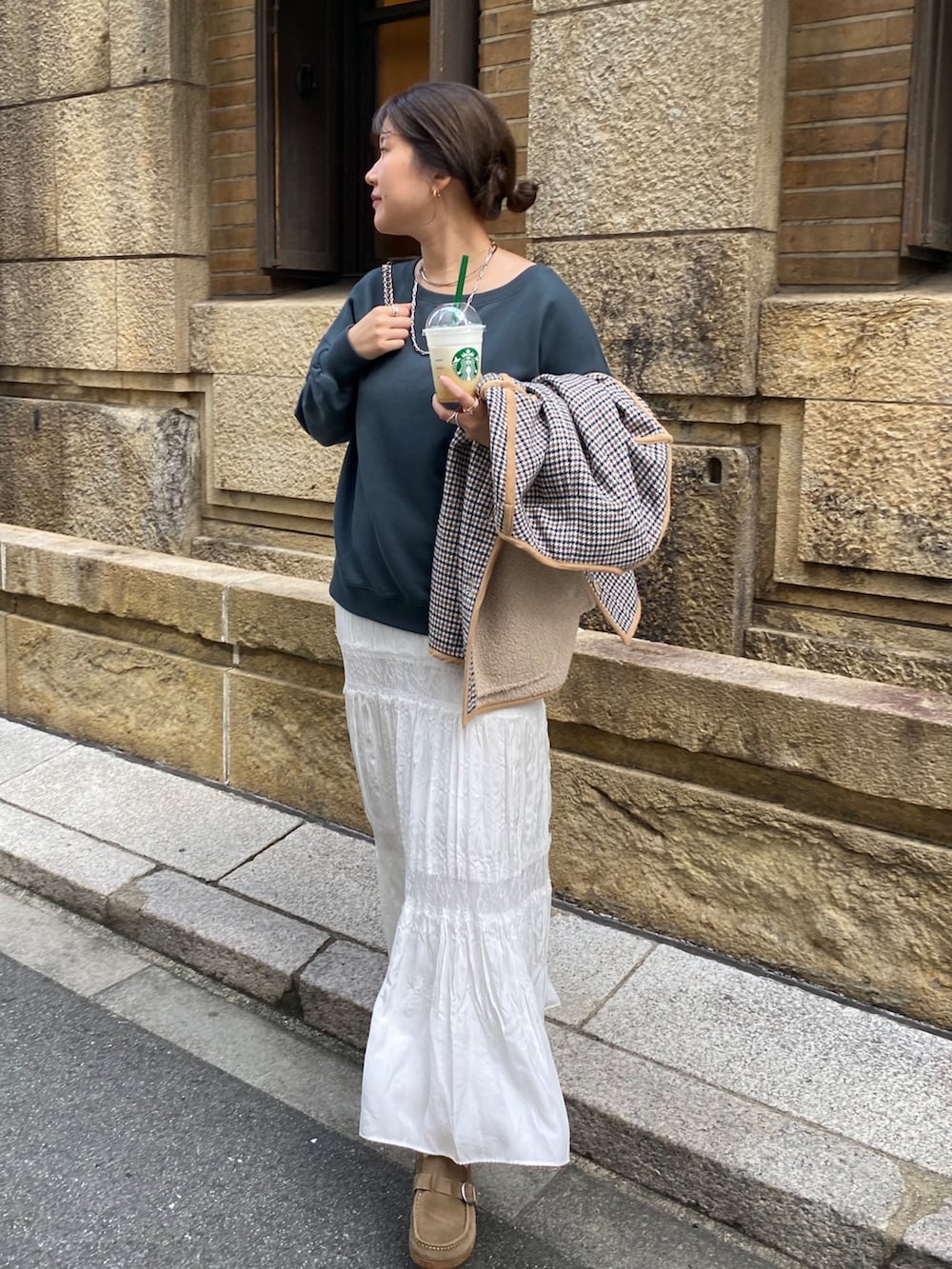 ベージュ系のその他アウター、ホワイト系のスカート、グリーン系のスウェットを着用したレディースの冬コーディネートの7枚目の写真