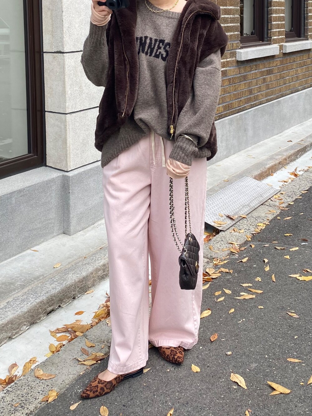 ブラウン系のベスト、ピンク系のTシャツ/カットソー、ベージュ系のニット/セーターを着用したレディースの冬コーディネートの7枚目の写真