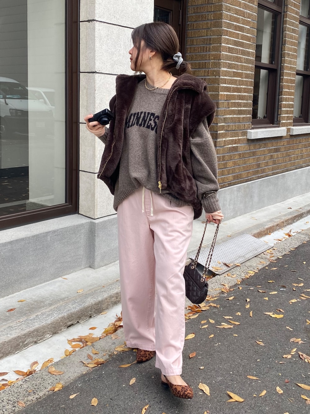 ブラウン系のベスト、ピンク系のTシャツ/カットソー、ベージュ系のニット/セーターを着用したレディースの冬コーディネートの5枚目の写真