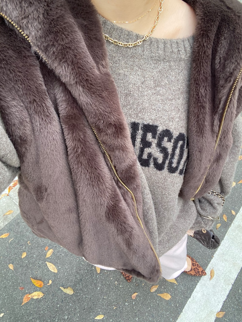 ブラウン系のベスト、ピンク系のTシャツ/カットソー、ベージュ系のニット/セーターを着用したレディースの冬コーディネートの6枚目の写真