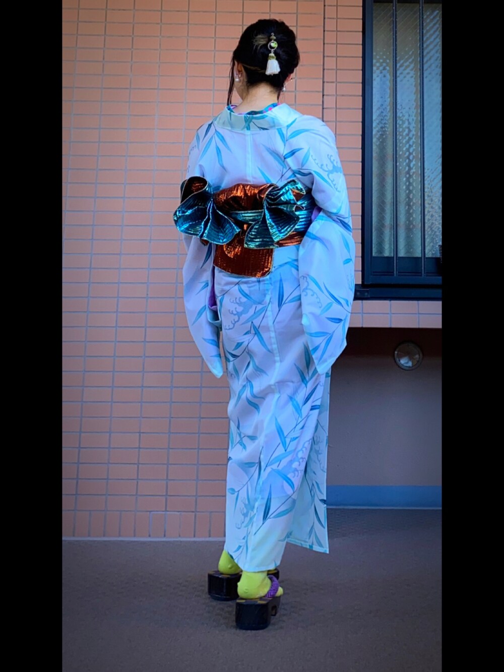 「着物、着物コーデ、夏着物、納涼」｜「KAPUSERUDOのコザクラの簪🦜（その他ヘアアクセサリー、グリーン系）」を使った、mrs.nicolmicalsさん（レディース・152cm）の夏コーディネートの2枚目の写真