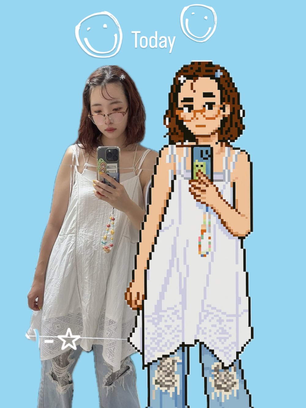 ホワイト系のワンピース、ホワイト系のキャミソール、ブルー系のデニムパンツを着用したレディースの夏コーディネートの2枚目の写真