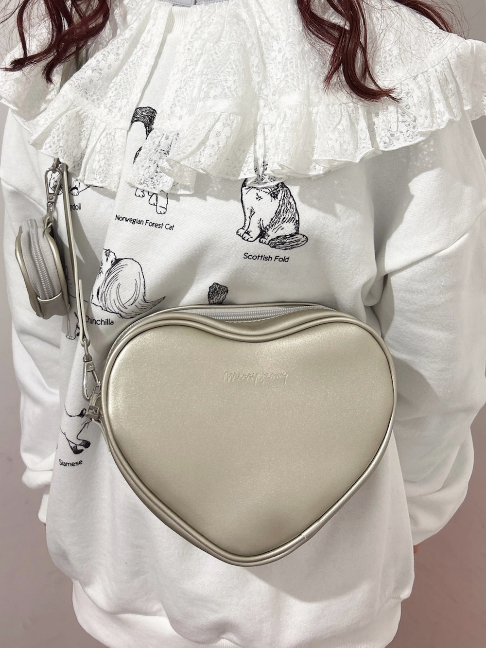 ブルー系のシャツ/ブラウス、シルバー系のショルダーバッグ、ホワイト系のスウェットを着用したレディースの冬コーディネートの5枚目の写真