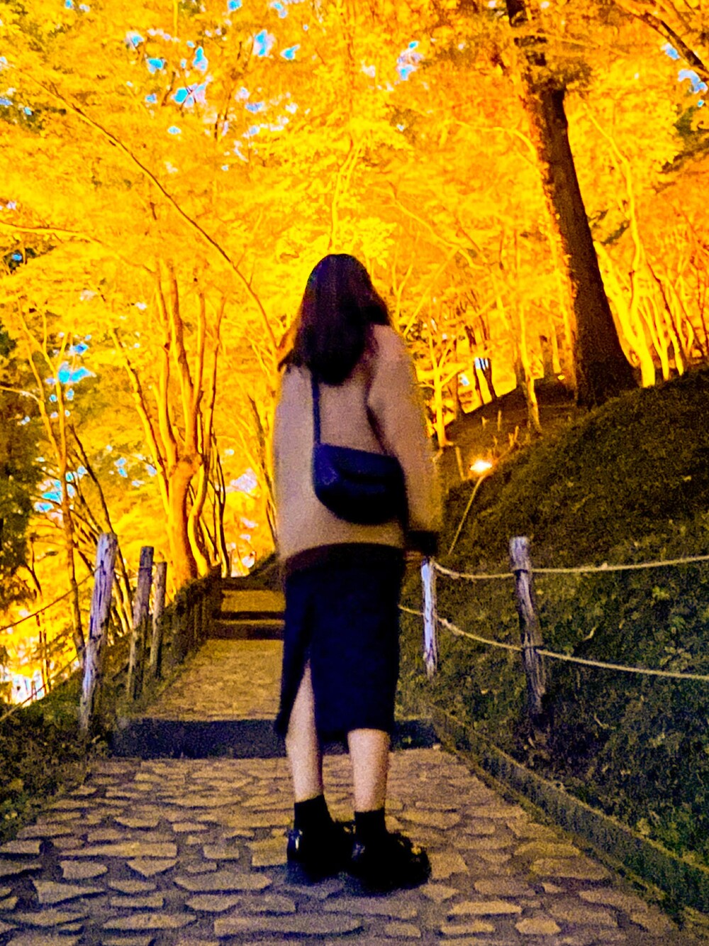 ブルー系のワンピース、ホワイト系のシャツ/ブラウスを着用したレディースの秋コーディネートの2枚目の写真