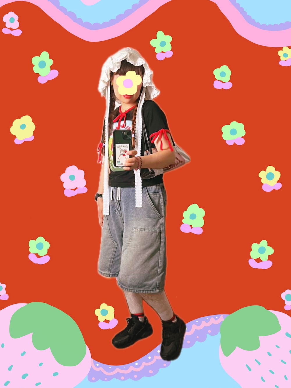 ブルー系のデニムパンツ、ブラック系のハンドバッグ、ブラック系のTシャツ/カットソーを着用したレディースの夏コーディネートの5枚目の写真