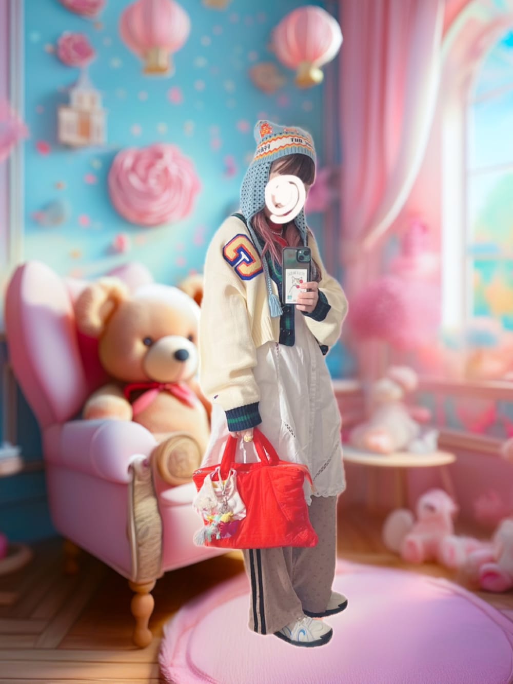 ベージュ系のその他パンツ、ホワイト系のカーディガン/ボレロ、ホワイト系のスニーカーを着用したレディースの冬コーディネートの2枚目の写真