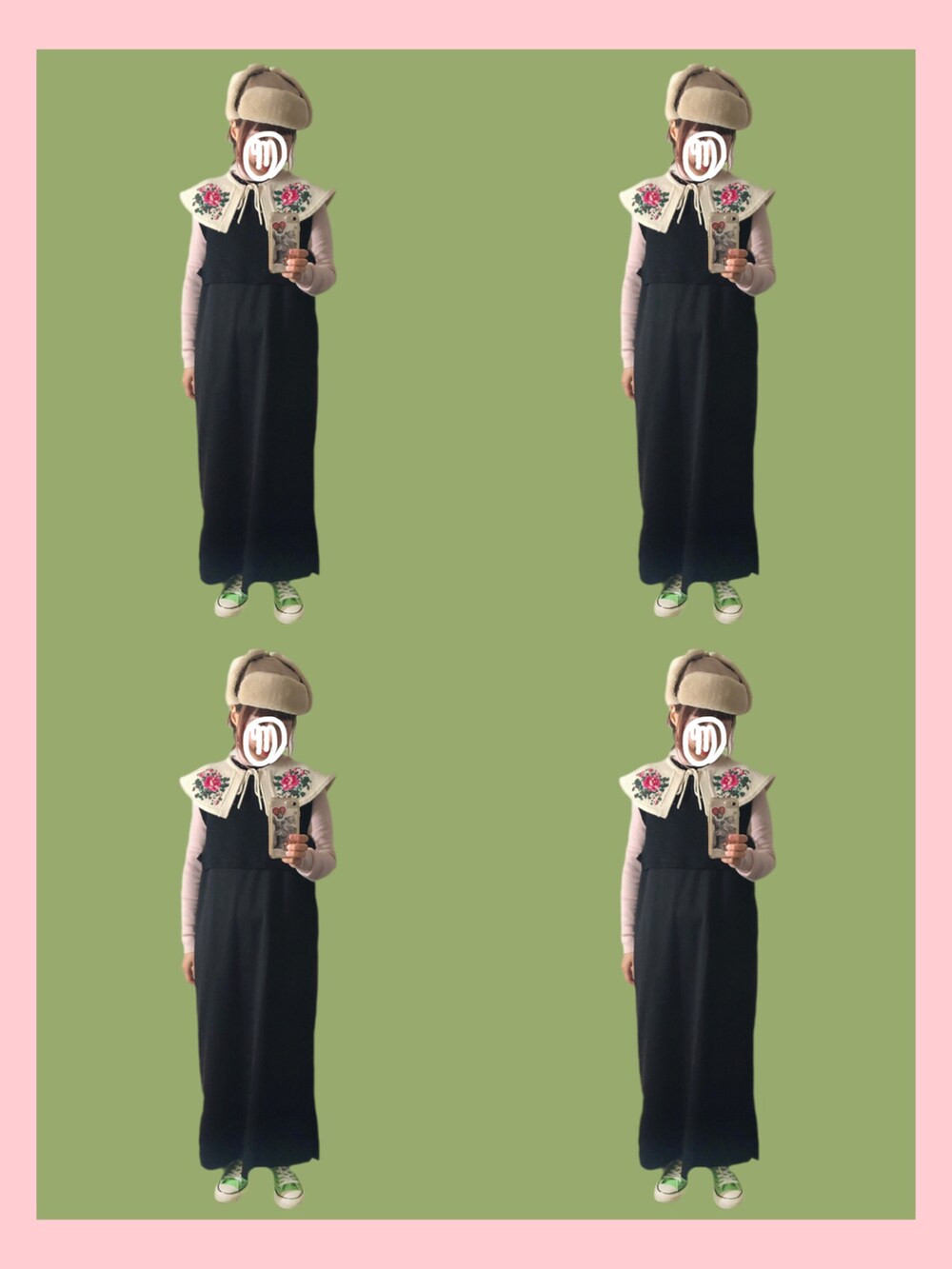 ホワイト系のノーカラーコート、ブラック系のジャンパースカート、グリーン系のスニーカーを着用したレディースの冬コーディネートの2枚目の写真