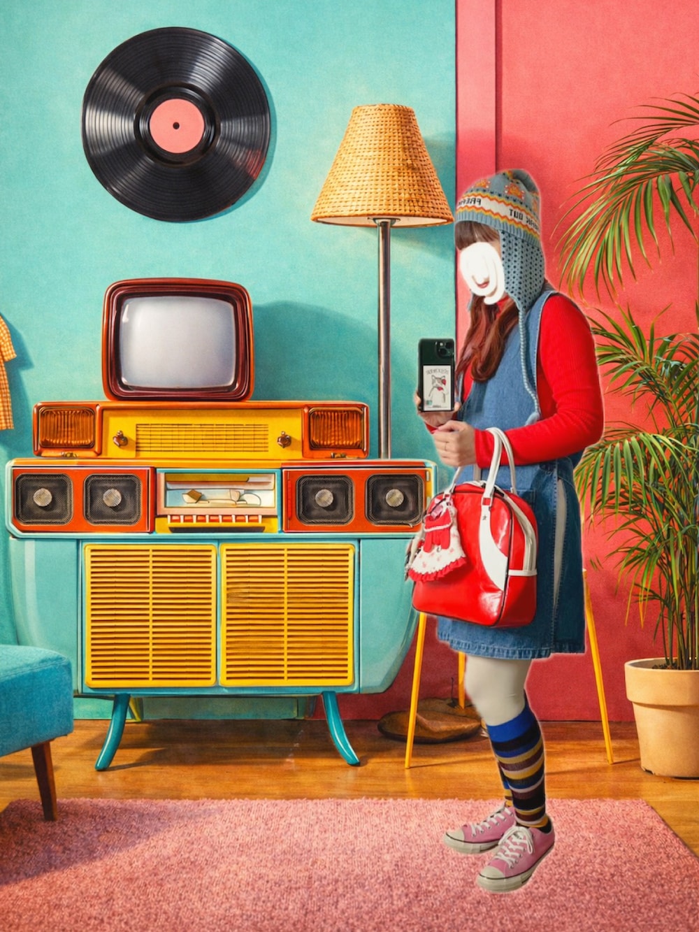 ピンク系のスニーカー、ホワイト系のその他パンツ、ブルー系のベストを着用したレディースの冬コーディネートの3枚目の写真