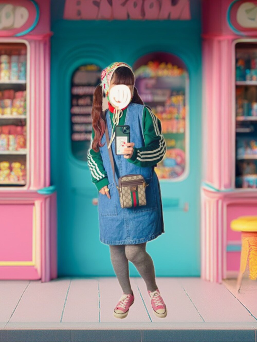 ホワイト系のその他パンツ、ブルー系のベスト、グリーン系のスニーカーを着用したレディースの秋コーディネートの3枚目の写真