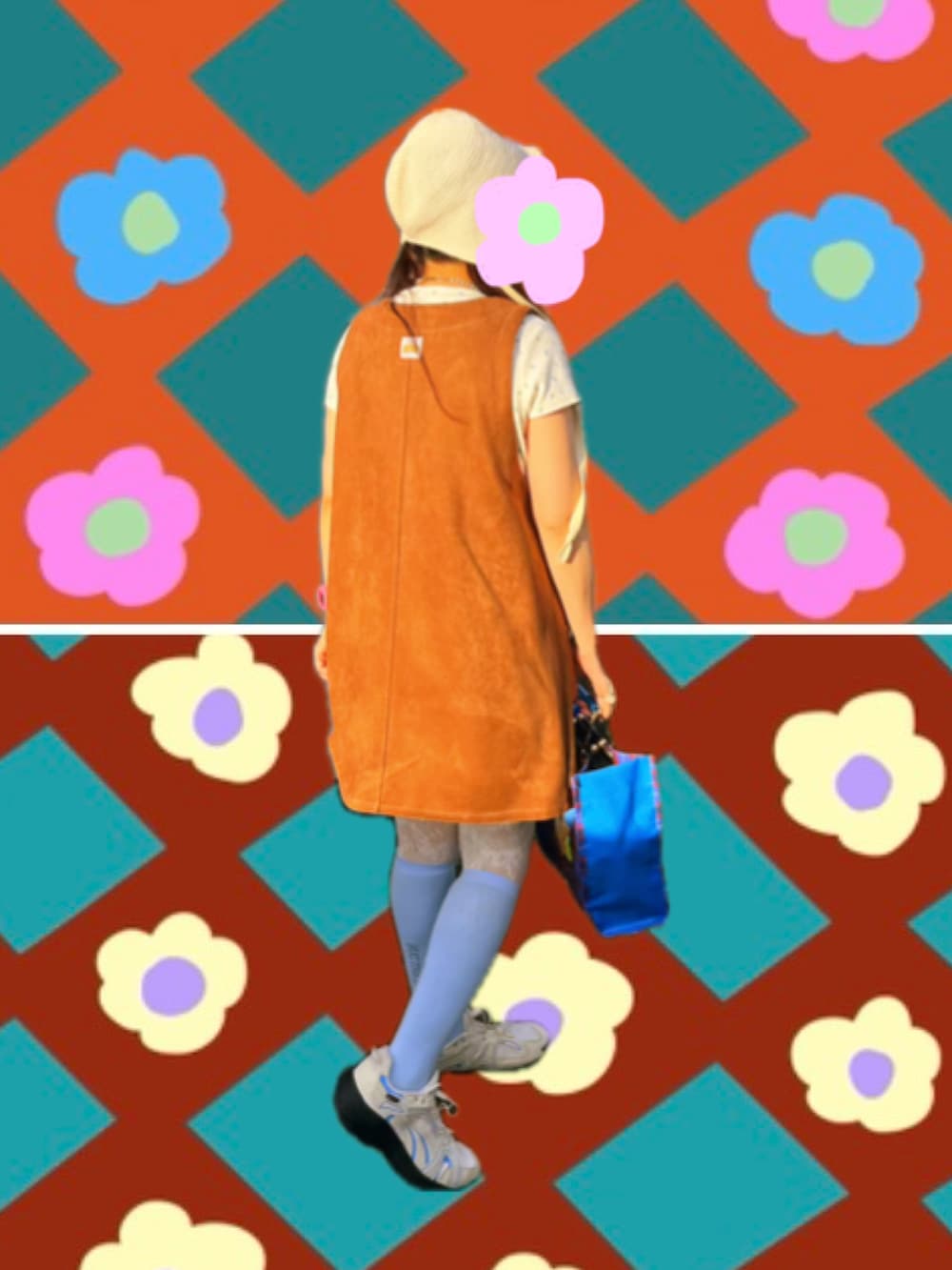 ホワイト系のその他パンツ、ブラウン系のワンピース/ドレス、ブルー系のハンドバッグを着用したレディースの秋コーディネートの4枚目の写真