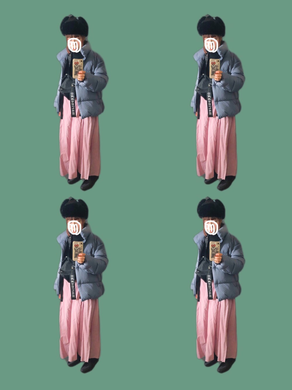 ブラック系のショルダーバッグ、ブラック系のベスト、ピンク系のシャツワンピースを着用したレディースの冬コーディネートの2枚目の写真