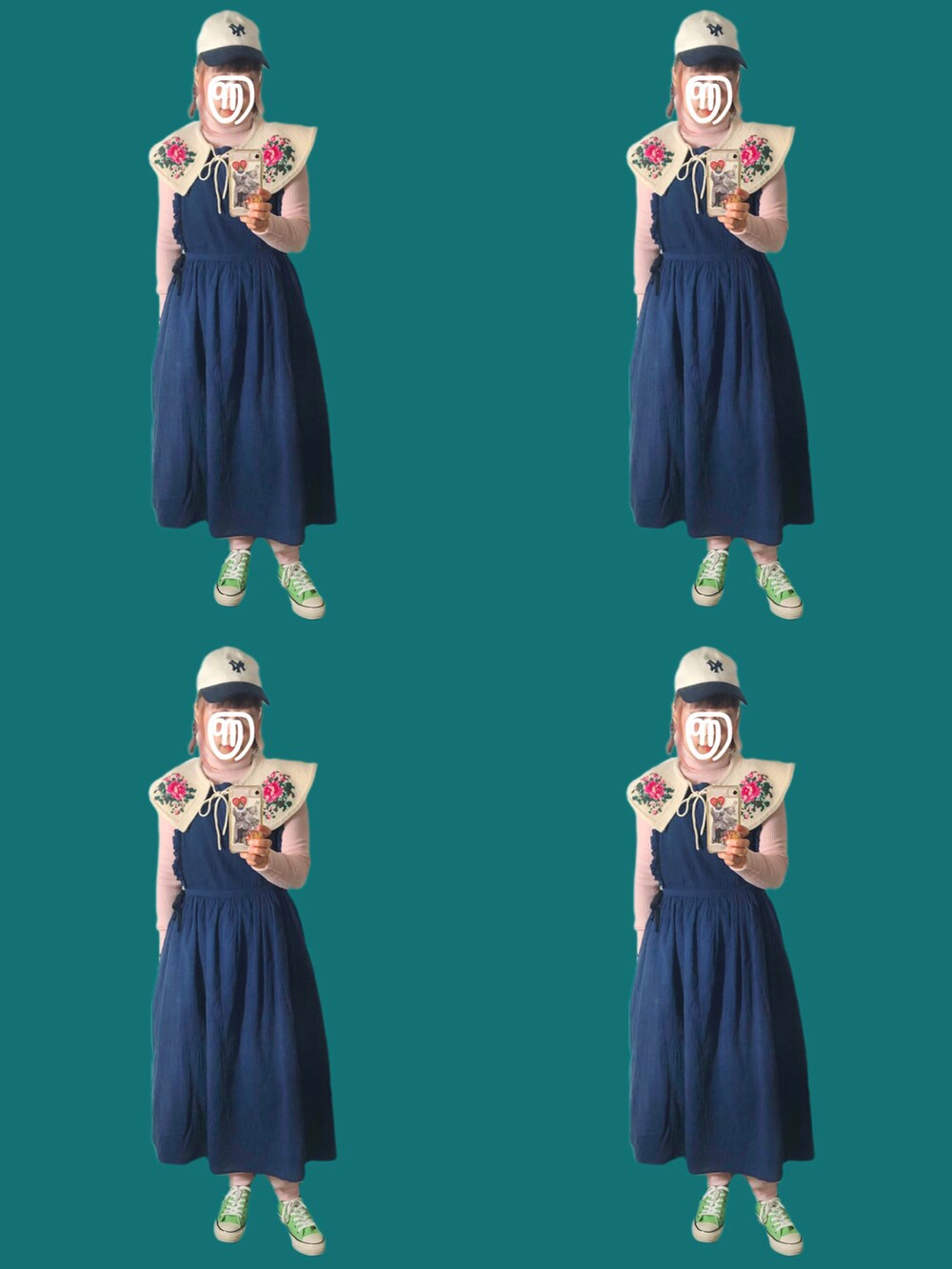 グリーン系のダウンジャケット/コート、ブルー系のワンピース/ドレス、ピンク系のスウェットパンツを着用したレディースの冬コーディネートの2枚目の写真