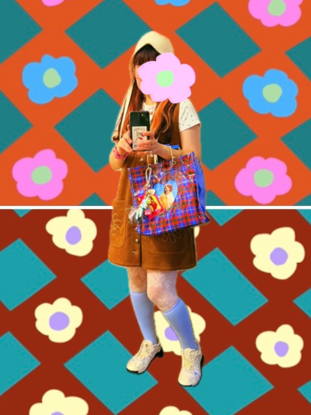 ホワイト系のその他パンツ、ブラウン系のワンピース/ドレス、ブルー系のハンドバッグを着用したレディースの秋コーディネートの3枚目の写真