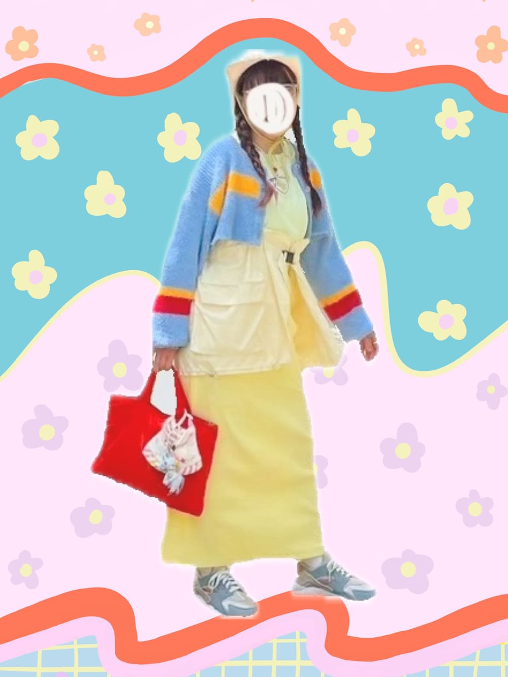 ブルー系のカーディガン/ボレロ、グリーン系のTシャツ/カットソー、ホワイト系のベストを着用したレディースの春コーディネートの2枚目の写真