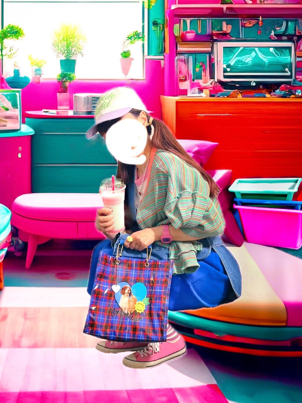 ブルー系のスカート、ブルー系のハンドバッグ、ブルー系のベストを着用したレディースの夏コーディネートの3枚目の写真