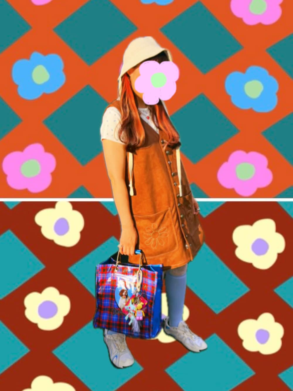 ホワイト系のその他パンツ、ブラウン系のワンピース/ドレス、ブルー系のハンドバッグを着用したレディースの秋コーディネートの2枚目の写真